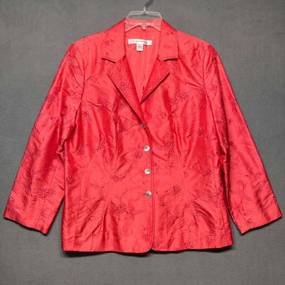 Rafael Silk Embroidered Beaded Blazer Jacket 12 Pink Coral Floral Boho Bright